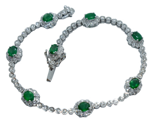Vintage 14k White Gold Emerald and Diamond Tennis Bracelet Size 7 1/2"
