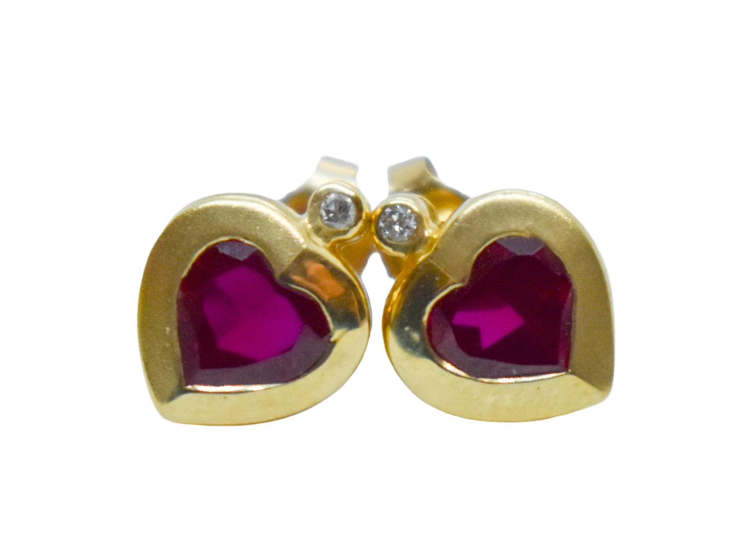 Vintage 14K Yellow Gold Heart Shaped Synthetic Ruby and Diamond Stud Earrings