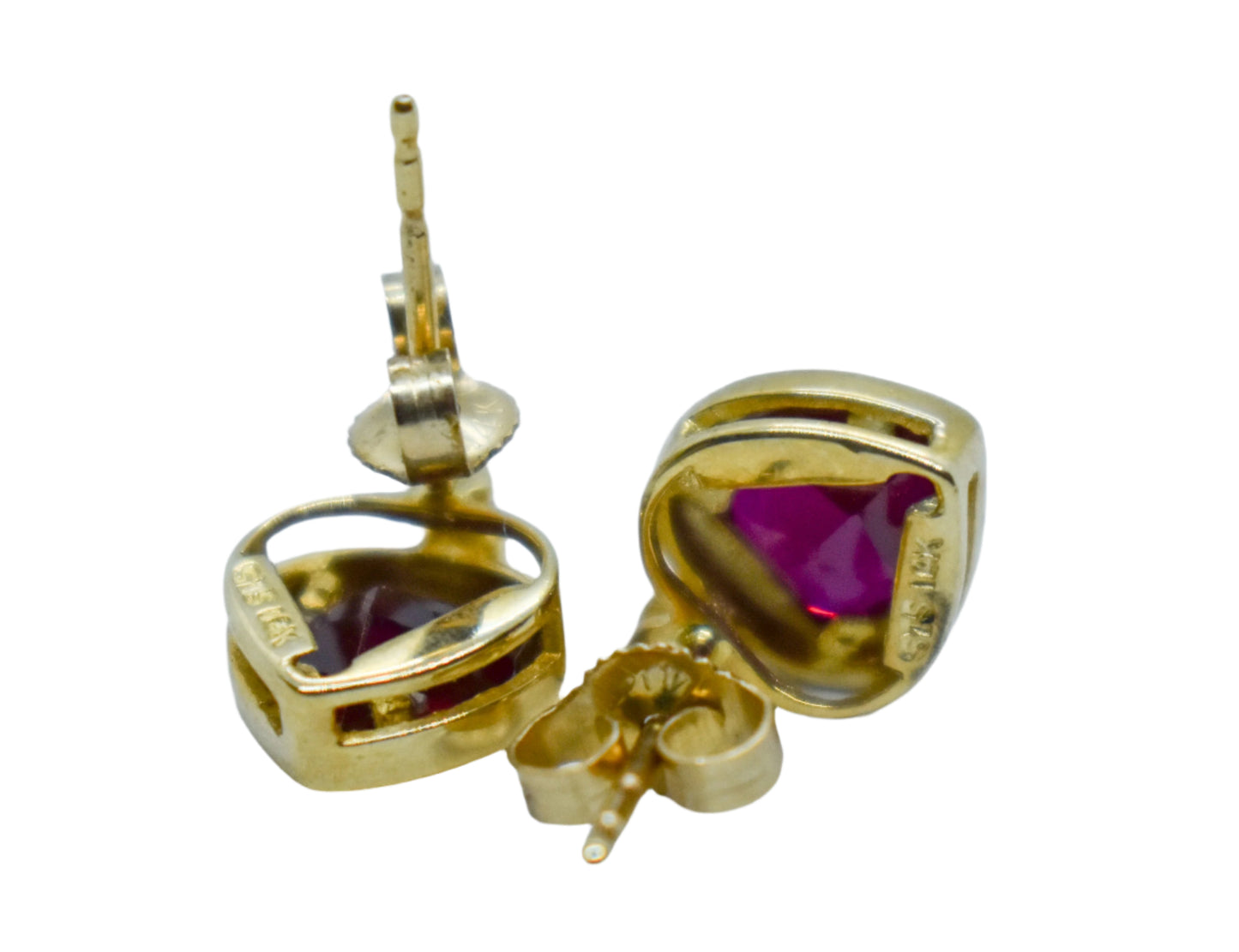 Vintage 14K Yellow Gold Heart Shaped Synthetic Ruby and Diamond Stud Earrings
