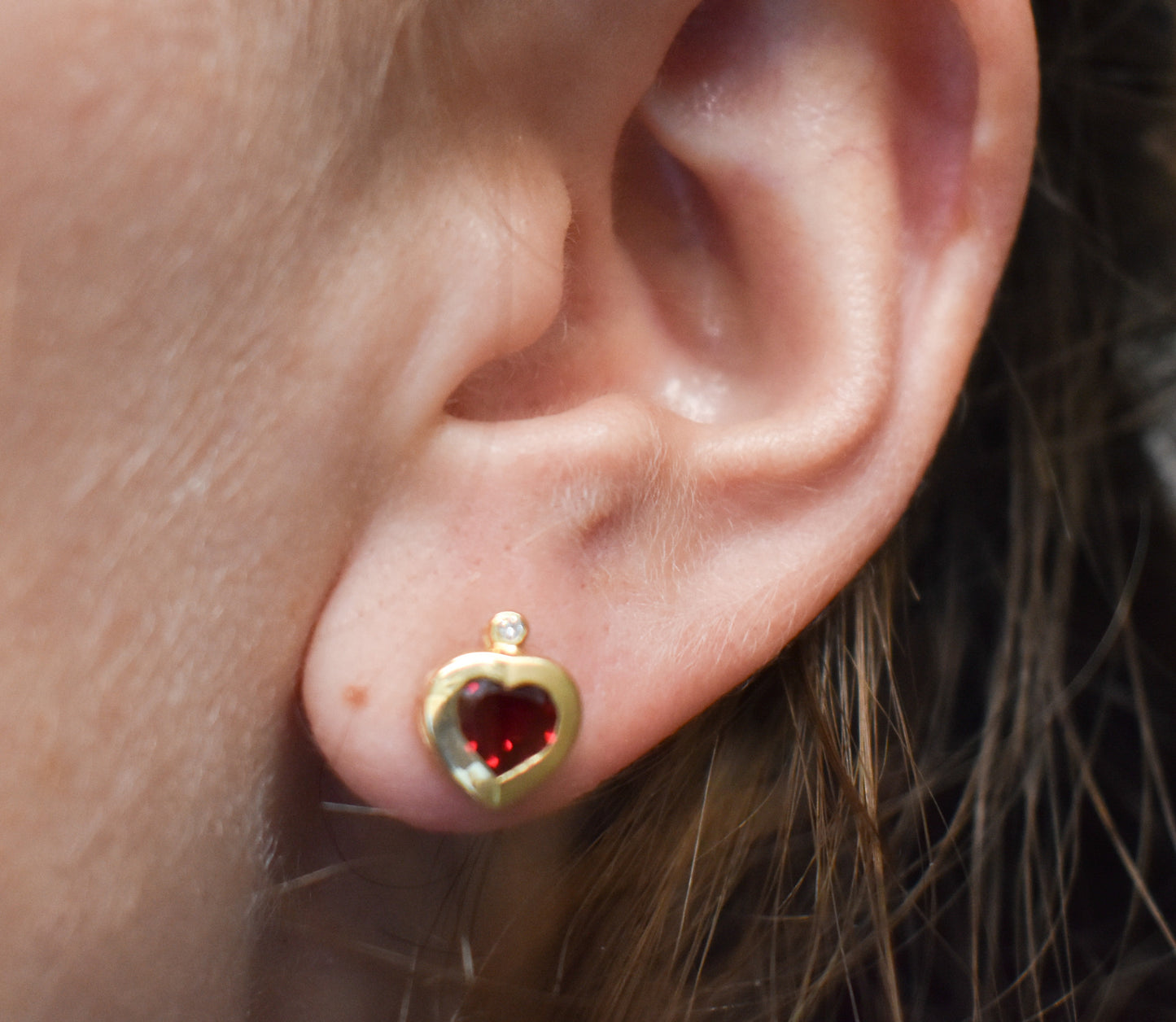 Vintage 14K Yellow Gold Heart Shaped Synthetic Ruby and Diamond Stud Earrings