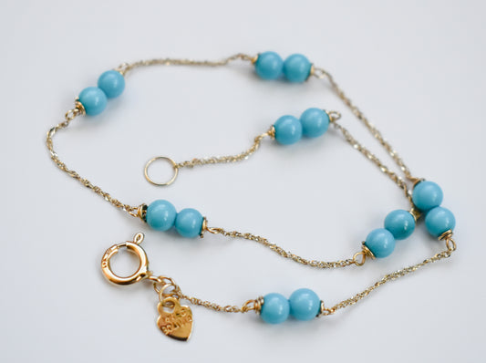 Vintage 14k Yellow Gold Turquoise Bead Anklet 9"