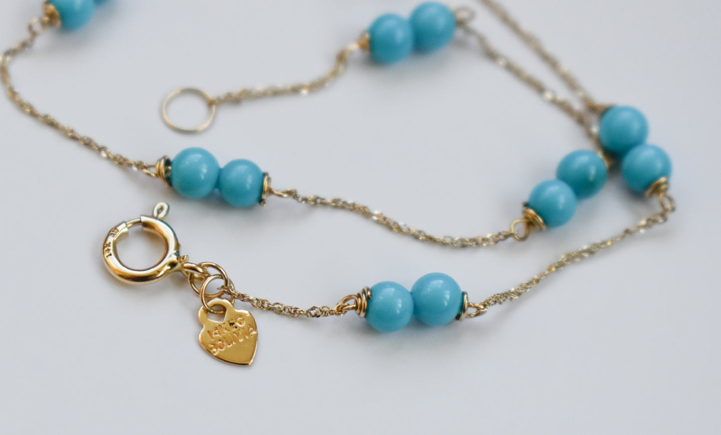 Vintage 14k Yellow Gold Turquoise Bead Anklet 9"
