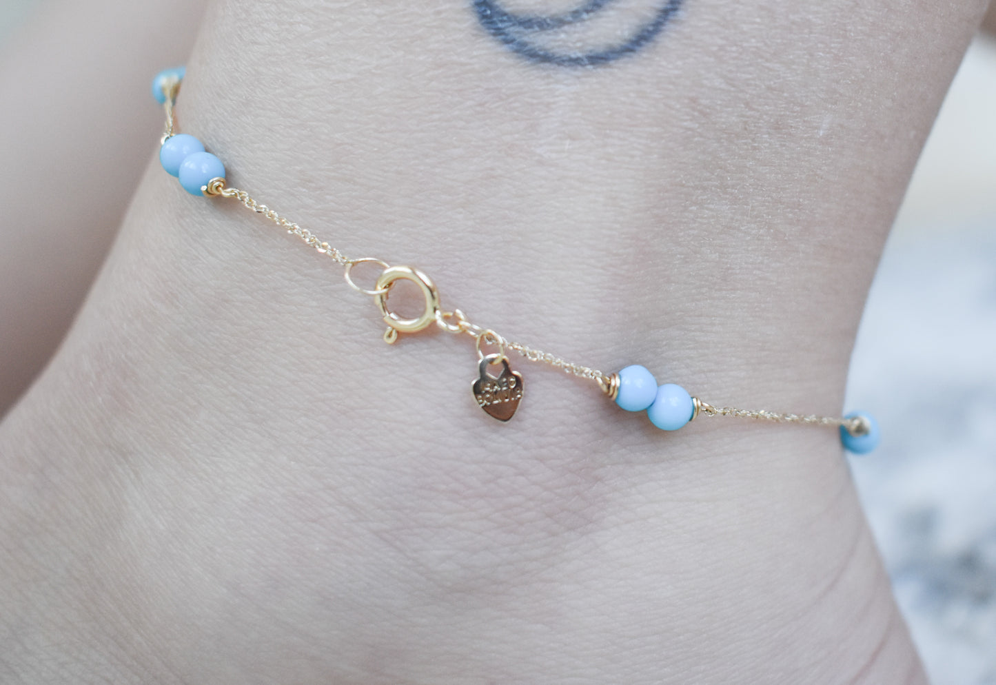 Vintage 14k Yellow Gold Turquoise Bead Anklet 9"