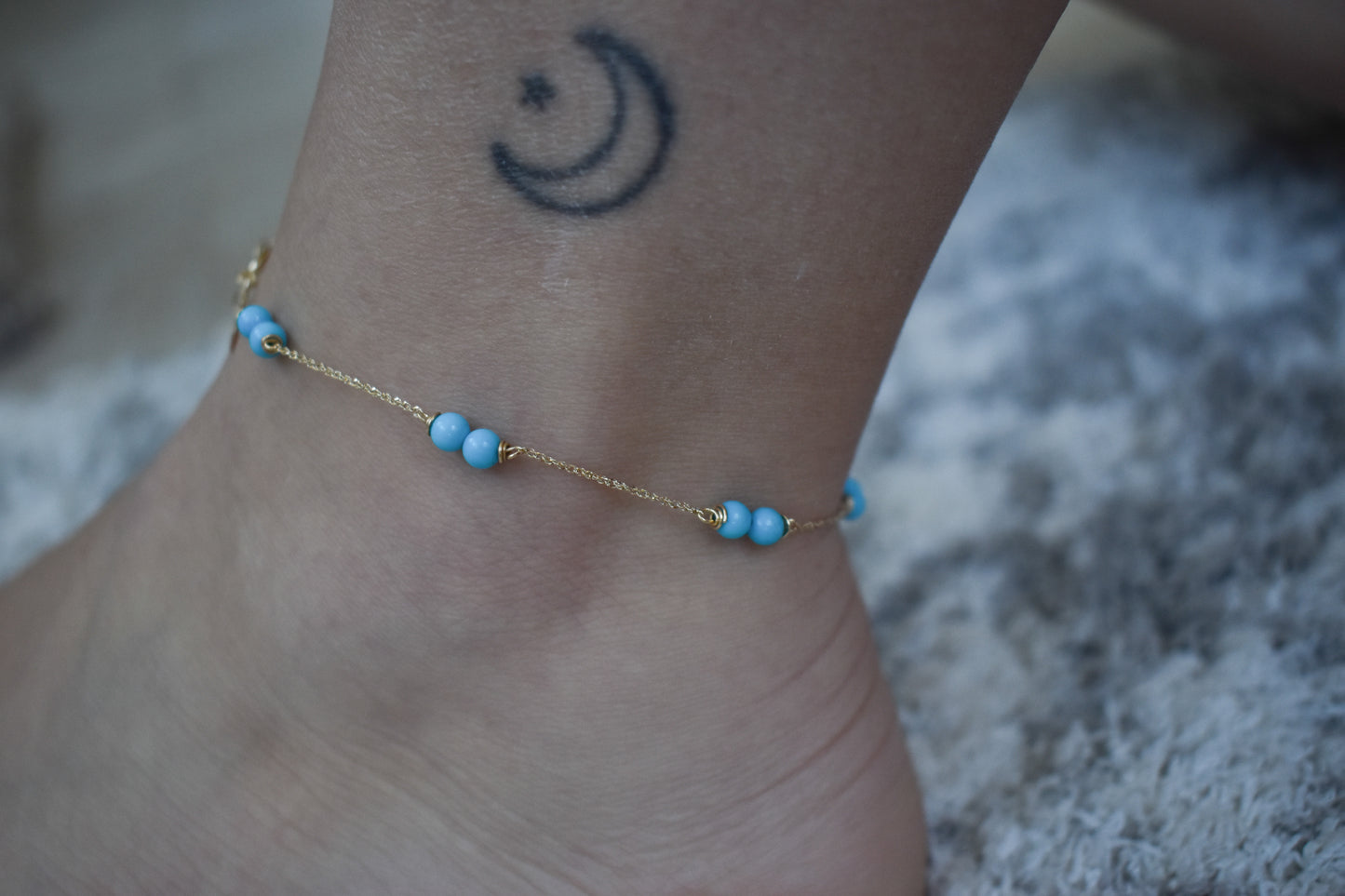 Vintage 14k Yellow Gold Turquoise Bead Anklet 9"
