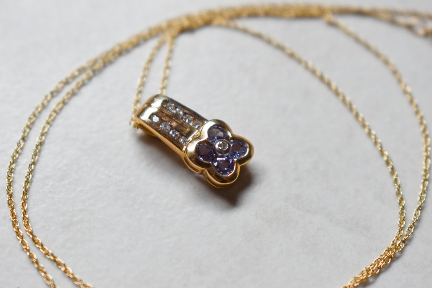 Vintage 14K Yellow Gold Tanzanite and Diamond Pendant on 18" Chain