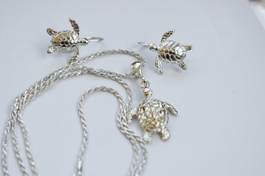 Vintage Sterling Silver Turtle Necklace and Earrings Set