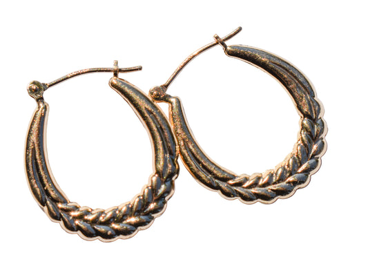 Vintage 14k Yellow Gold Hollow Wheat Hoop Earrings