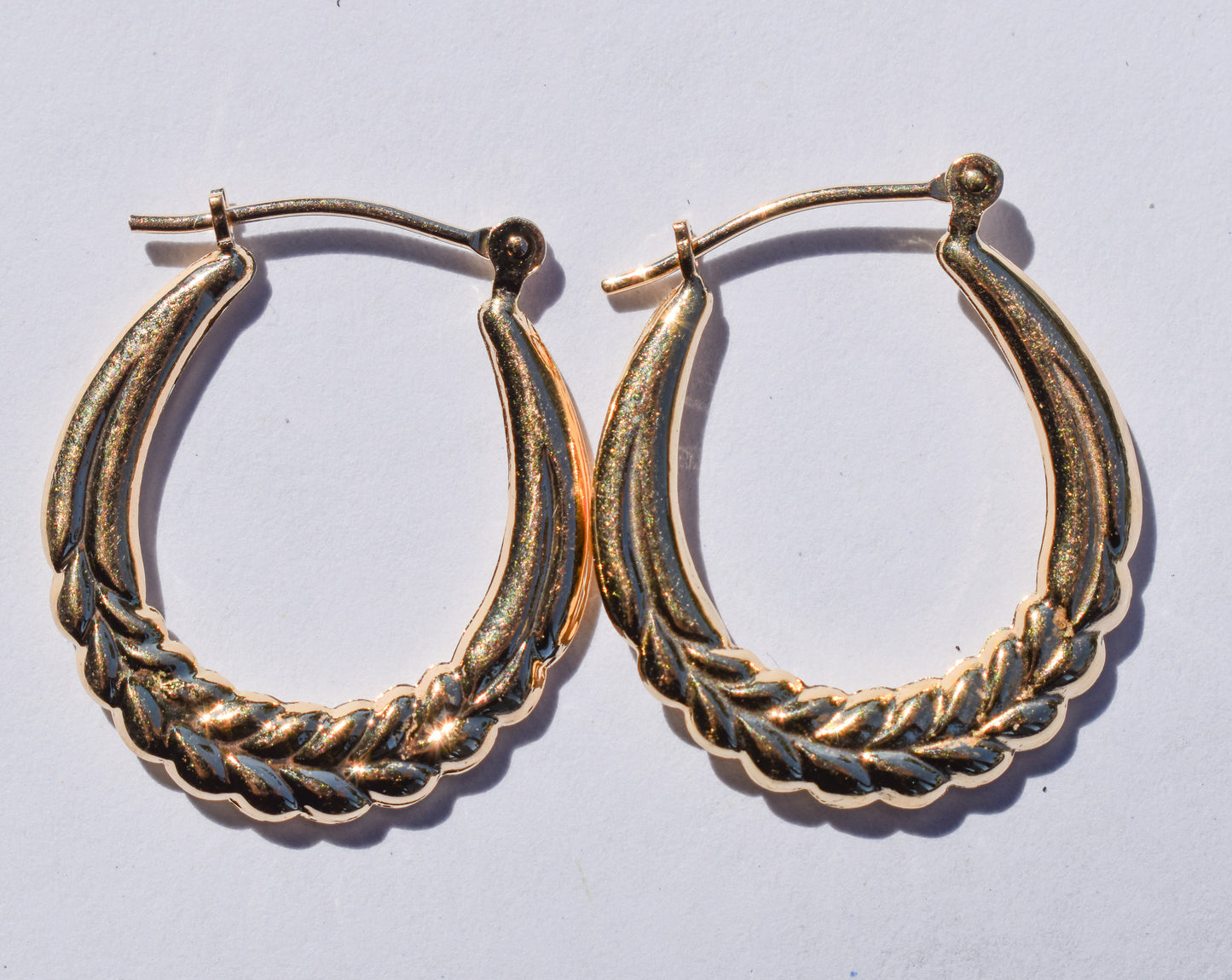 Vintage 14k Yellow Gold Hollow Wheat Hoop Earrings