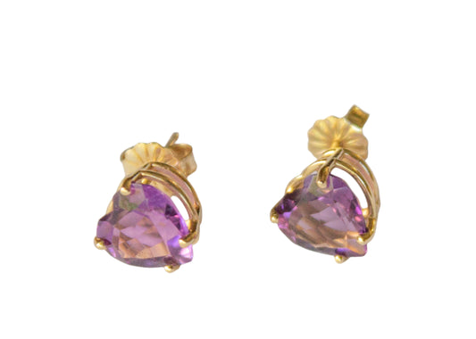 Vintage 14k Yellow Gold Amethyst Heart Stud Earrings