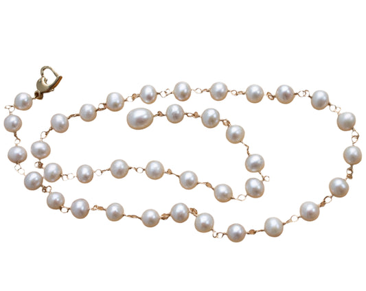 Vintage 14k Yellow Gold White Pearl and Gold Wire Necklace Heart Clasp 17"