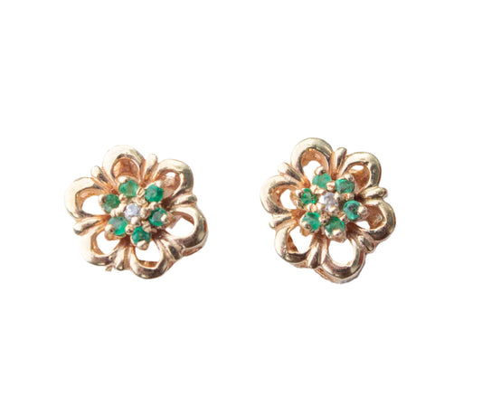 Vintage 14k Yellow Gold Emerald and Diamond Flower Stud Earrings