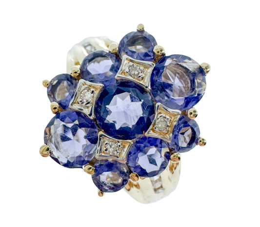 Vintage 14k Yellow Gold Iolite and Diamond Ring Size 7