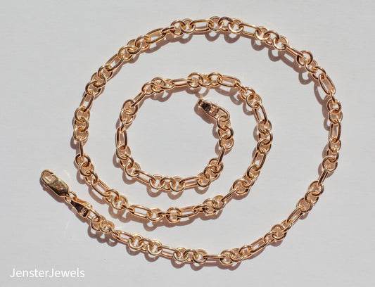Handmade 14K Yellow Gold 3 to 1 Oval and Circle Link Chain Necklace 18"