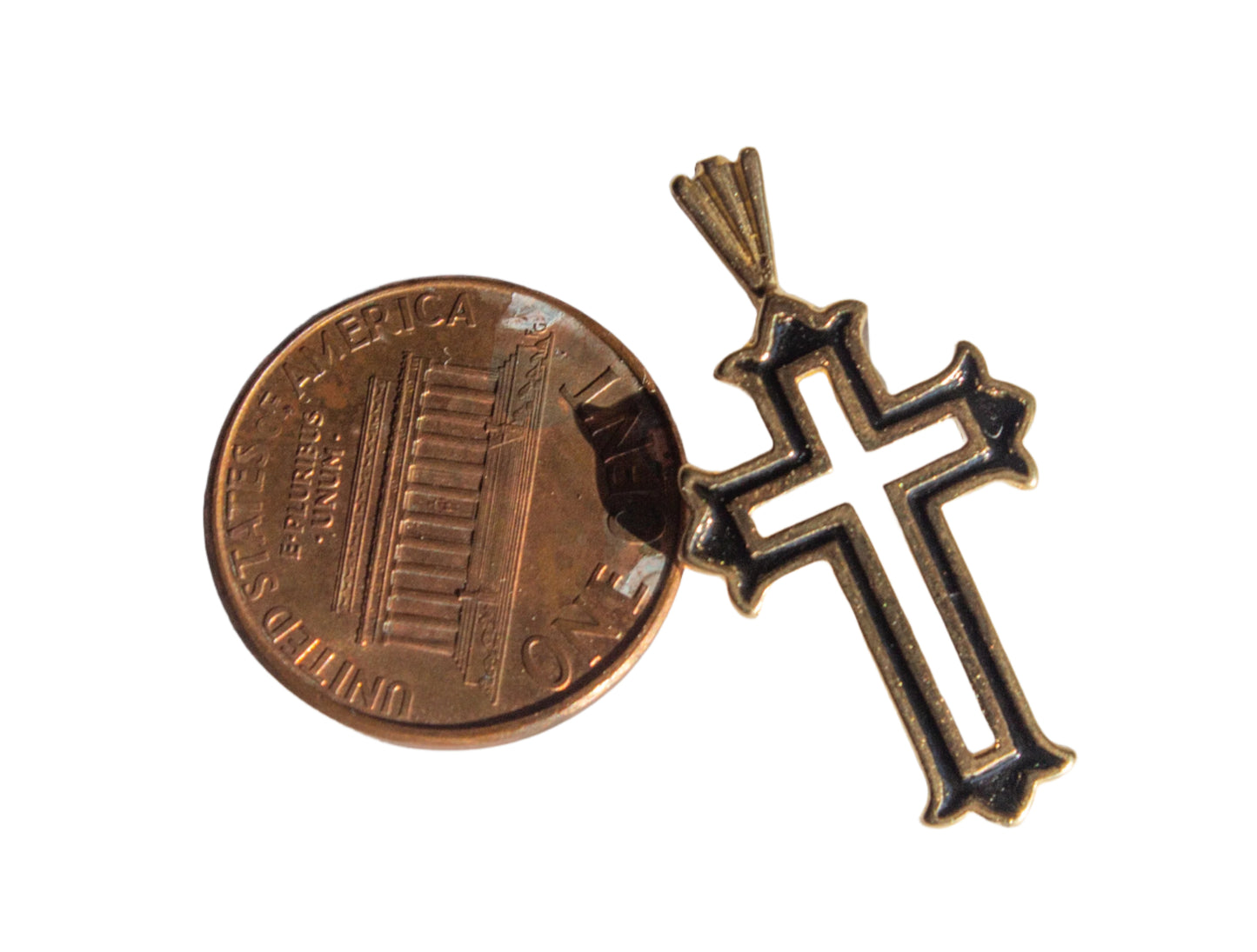 Vintage 14k yellow Gold Black Enamel Inlay Michael Anthony Cross Pendant