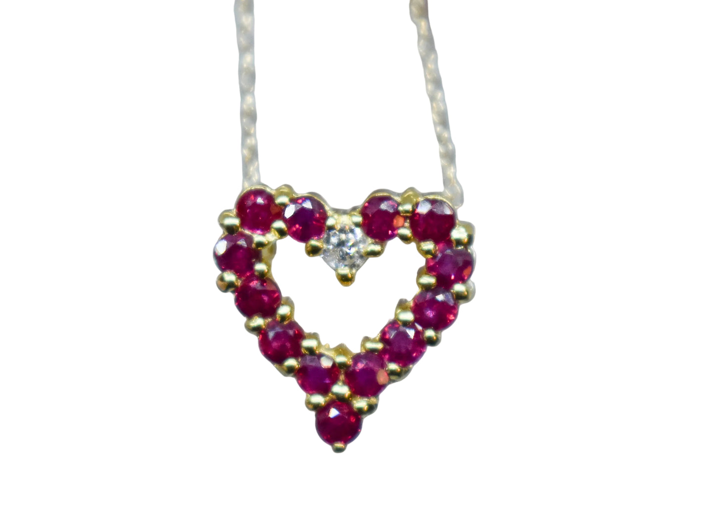 Vintage 14k Yellow Gold Ruby and Diamond Heart Necklace