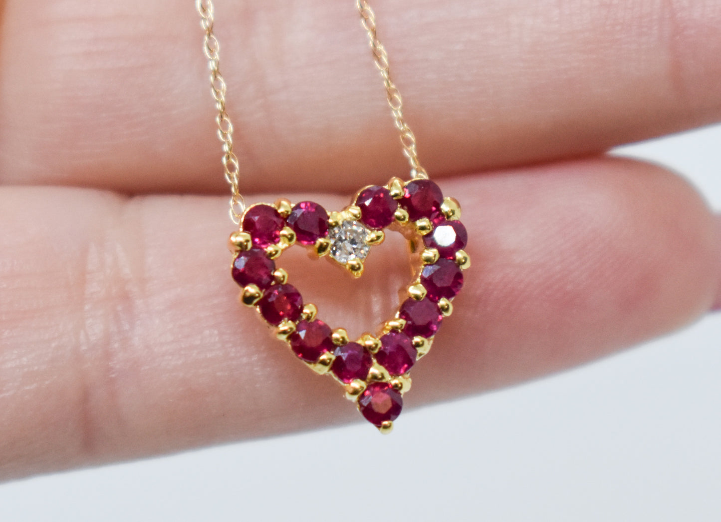 Vintage 14k Yellow Gold Ruby and Diamond Heart Necklace