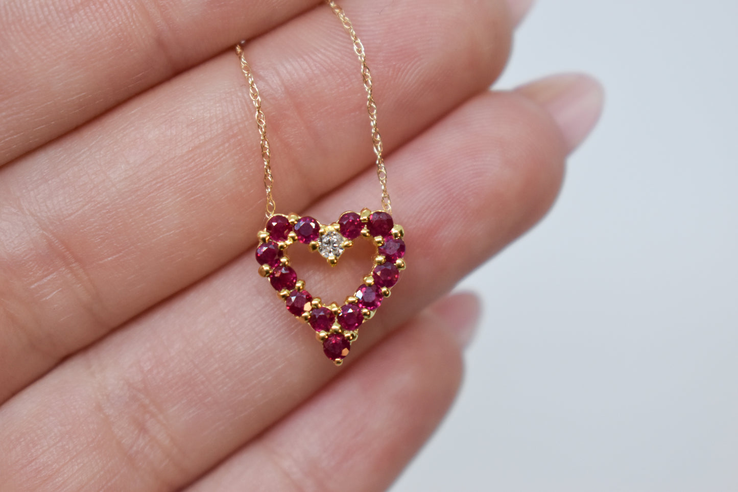 Vintage 14k Yellow Gold Ruby and Diamond Heart Necklace