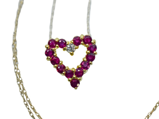 Vintage 14k yellow gold ruby and diamond heart pendant necklace