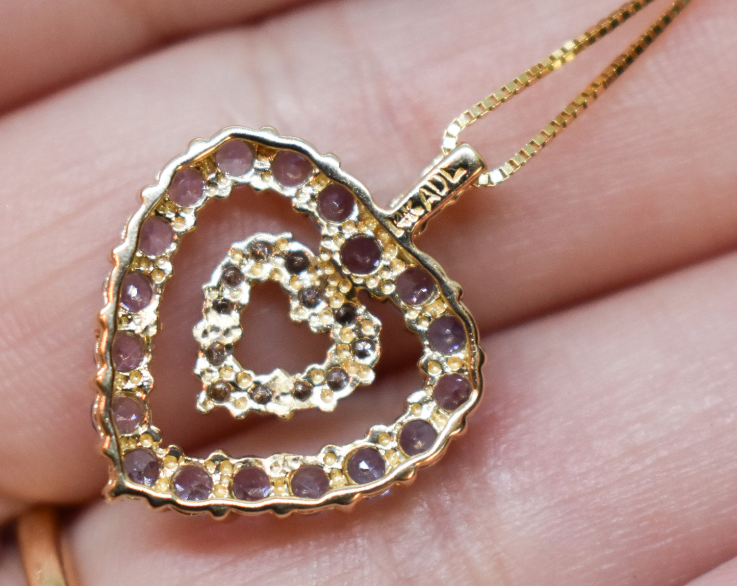 Vintage 14k Yellow Gold Tanzanite & Diamond Double Heart Necklace