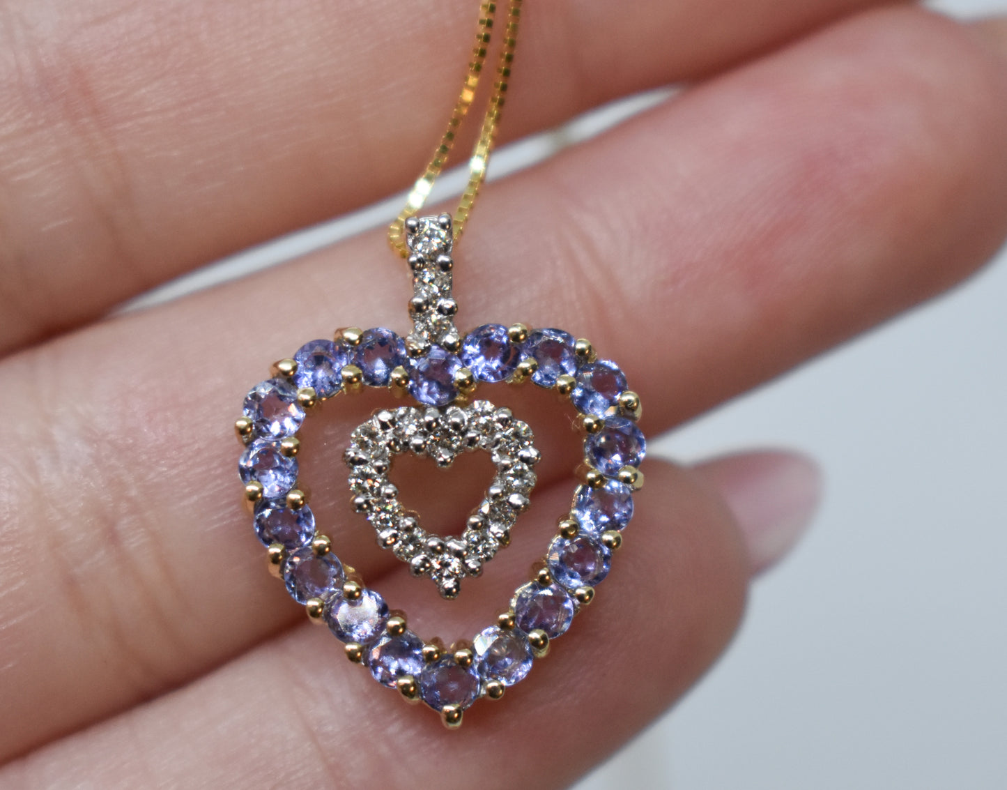 Vintage 14k Yellow Gold Tanzanite & Diamond Double Heart Necklace