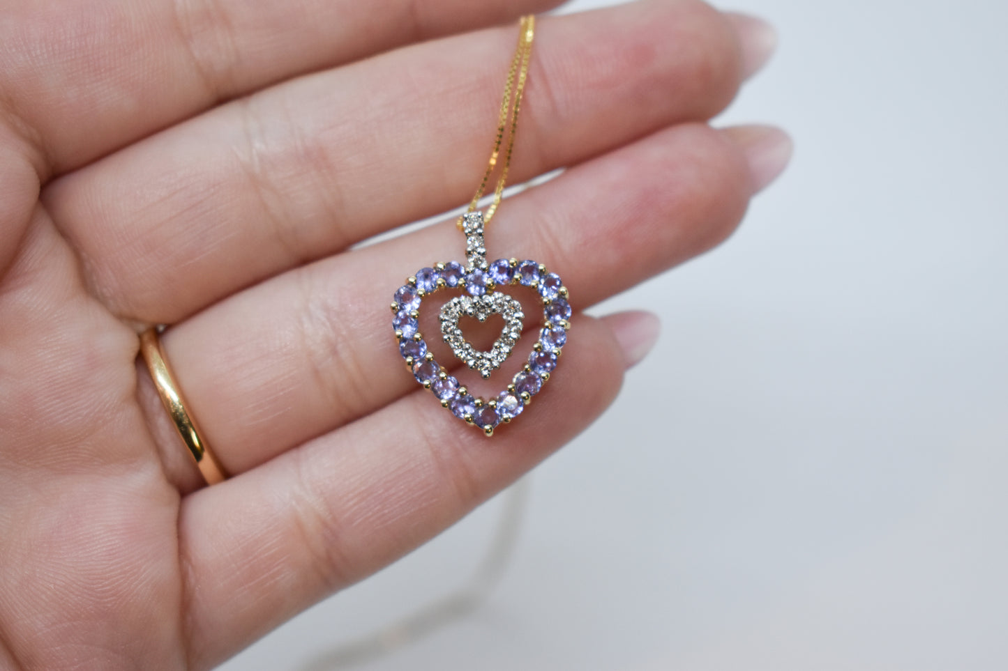Vintage 14k Yellow Gold Tanzanite & Diamond Double Heart Necklace