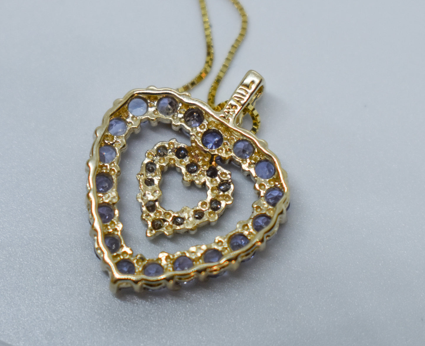 Vintage 14k Yellow Gold Tanzanite & Diamond Double Heart Necklace