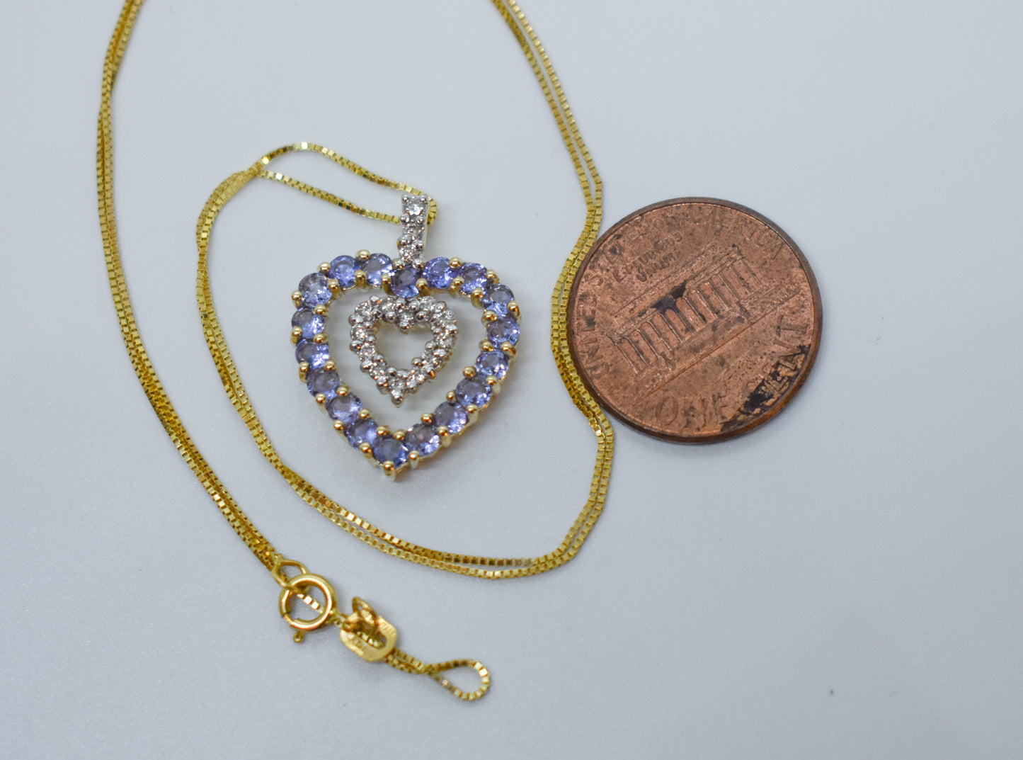 Vintage 14k Yellow Gold Tanzanite & Diamond Double Heart Necklace