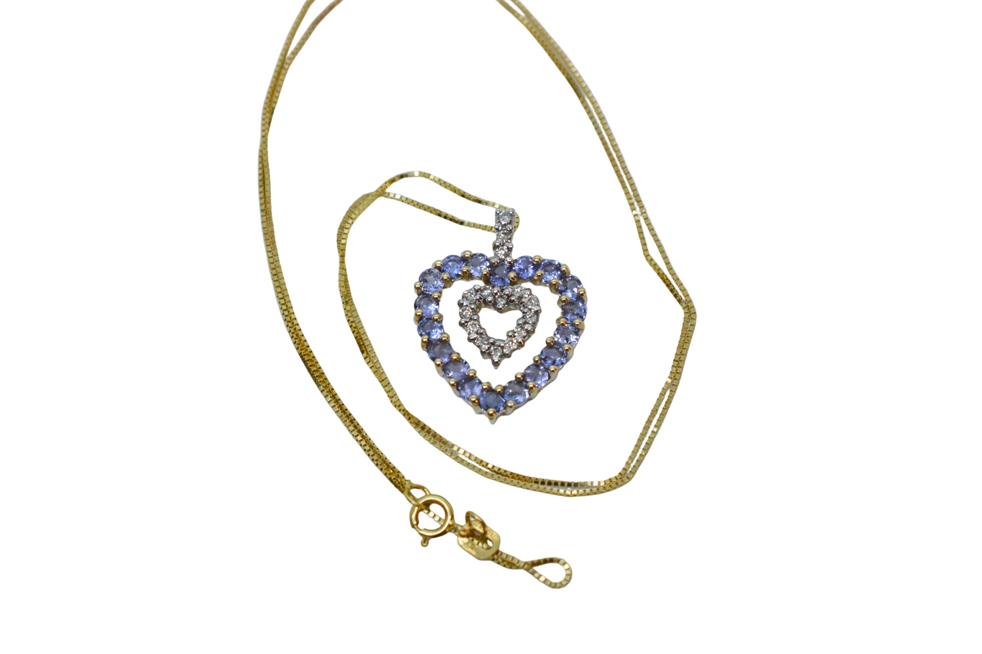 Vintage 14k Yellow Gold Tanzanite and Diamond Heart Necklace