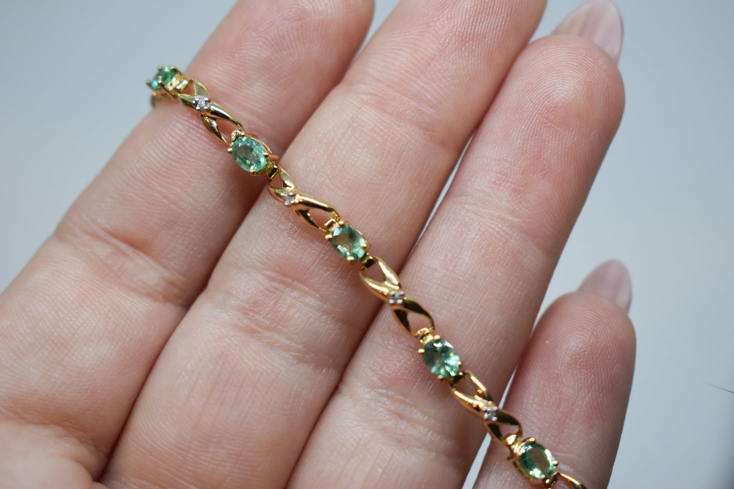 Vintage 14k Yellow Gold Emerald & Diamond Tennis Bracelet 7 1/2"