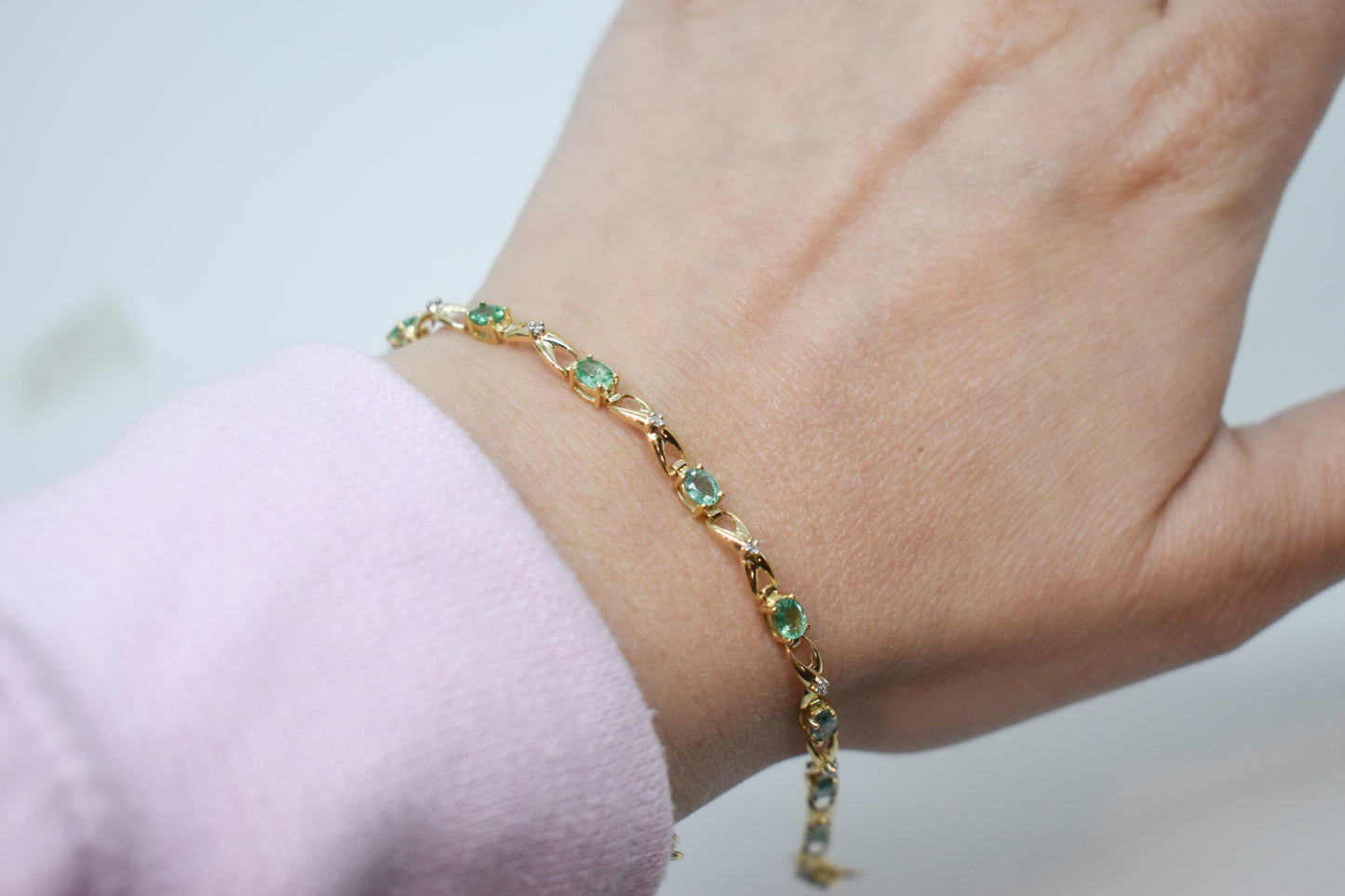 Vintage 14k Yellow Gold Emerald & Diamond Tennis Bracelet 7 1/2"