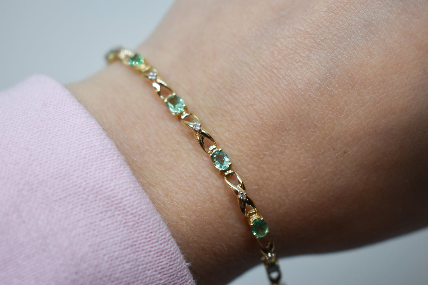 Vintage 14k Yellow Gold Emerald & Diamond Tennis Bracelet 7 1/2"