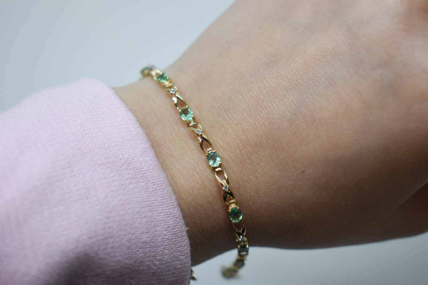 Vintage 14k Yellow Gold Emerald & Diamond Tennis Bracelet 7 1/2"