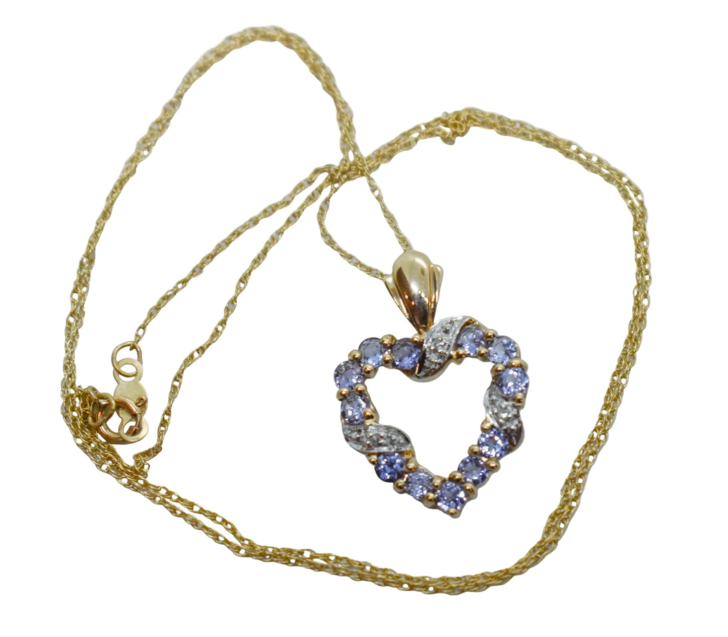 Vintage 14k Yellow Gold Tanzanite & Diamond Heart Pendant Necklace