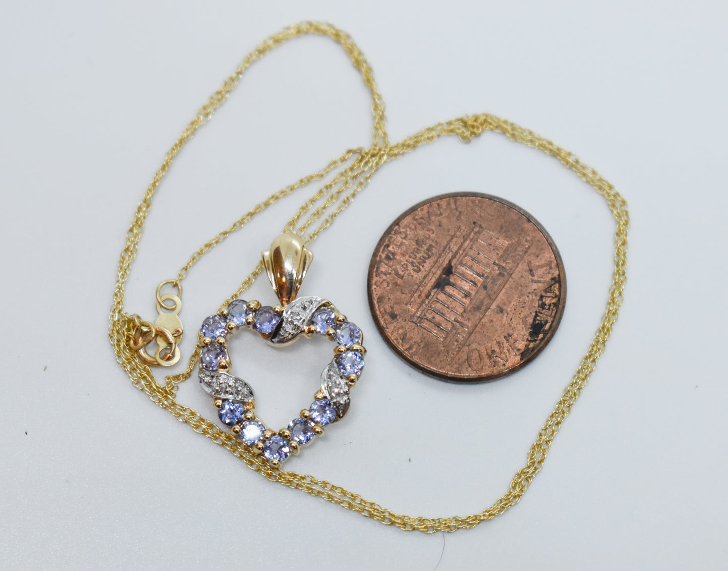 Vintage 14k Yellow Gold Tanzanite & Diamond Heart Pendant Necklace