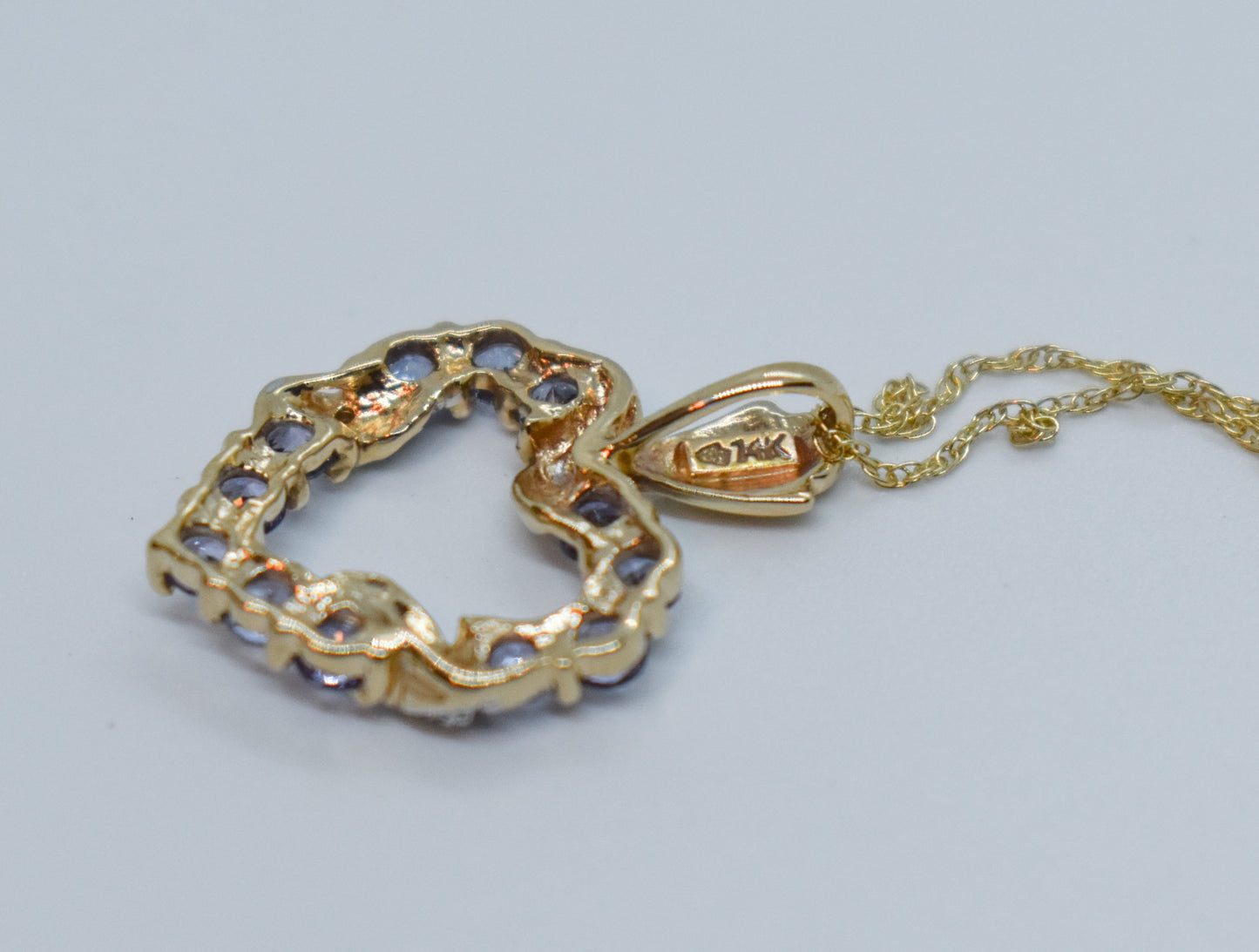 Vintage 14k Yellow Gold Tanzanite & Diamond Heart Pendant Necklace