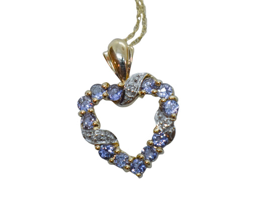 Vintage 14k Yellow Gold Tanzanite & Diamond Heart Pendant Necklace