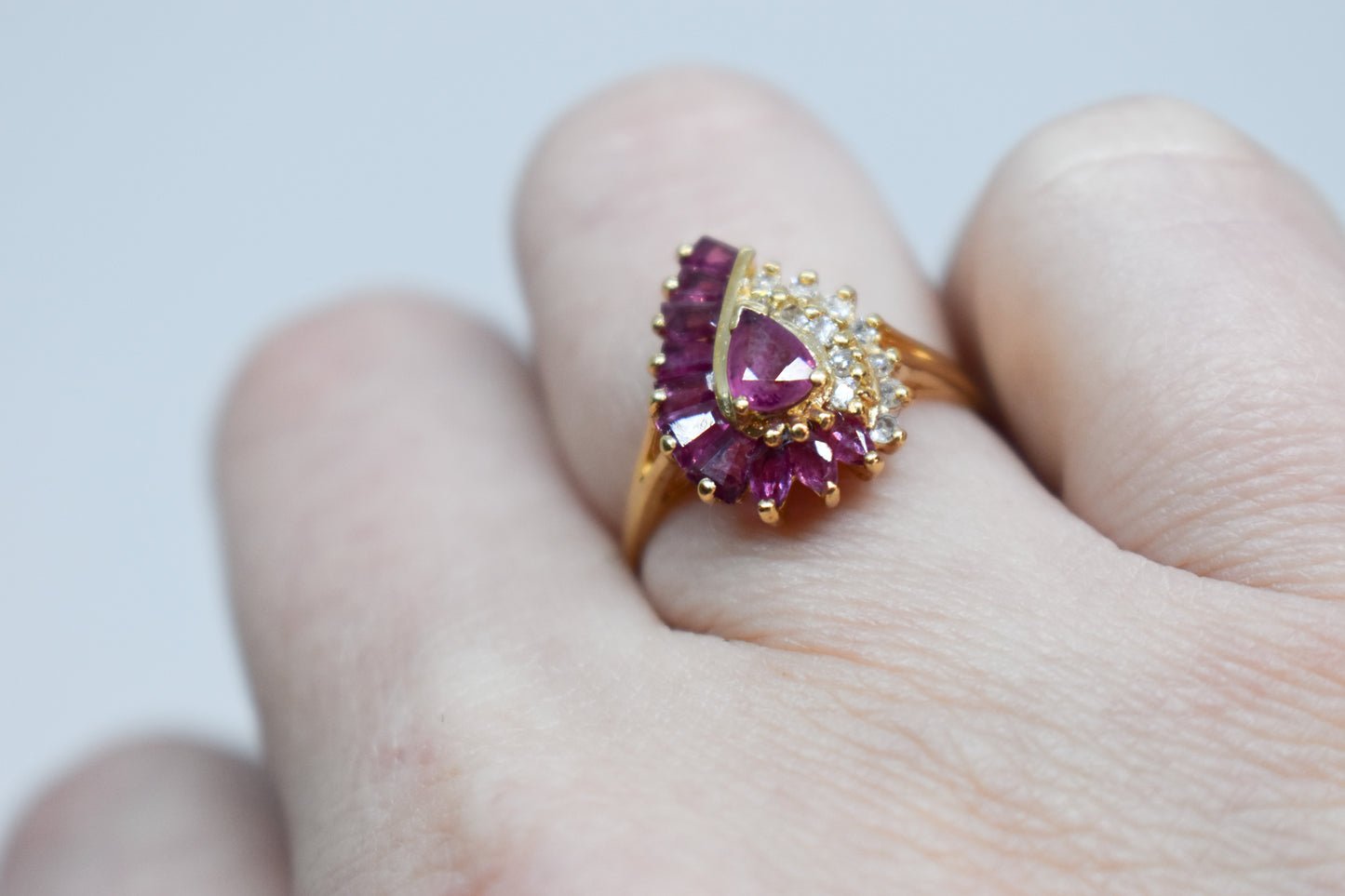 Vintage 14k Yellow Gold Ruby & Diamond Cluster Ring Size 6