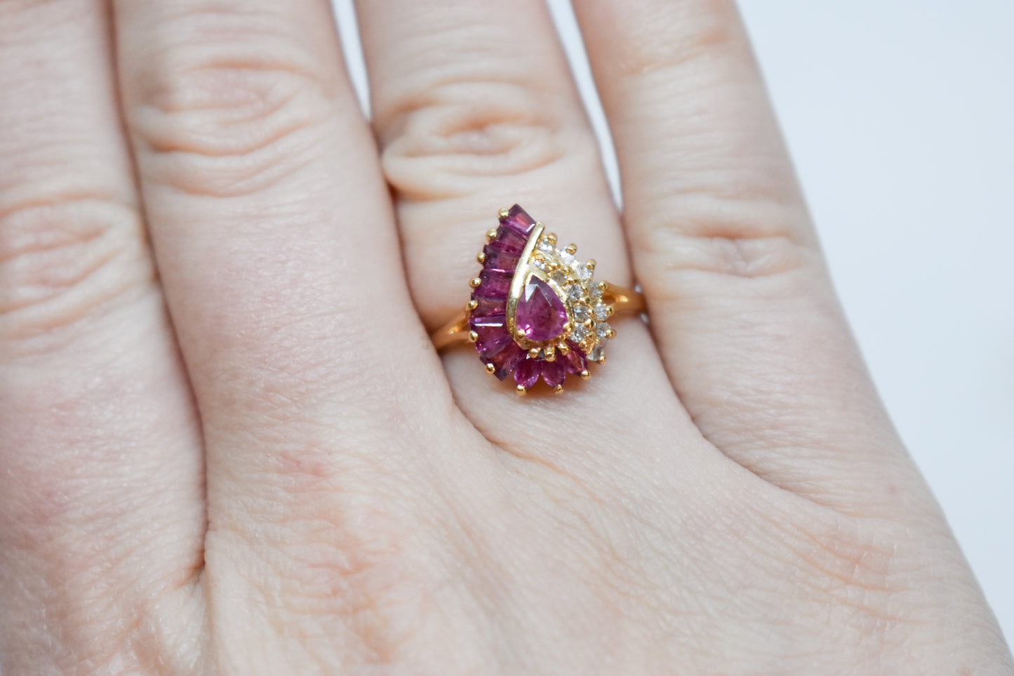 Vintage 14k Yellow Gold Ruby & Diamond Cluster Ring Size 6