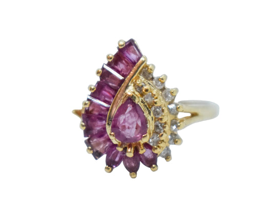 Vintage 14k Yellow Gold Ruby & Diamond Cluster Ring Size 6