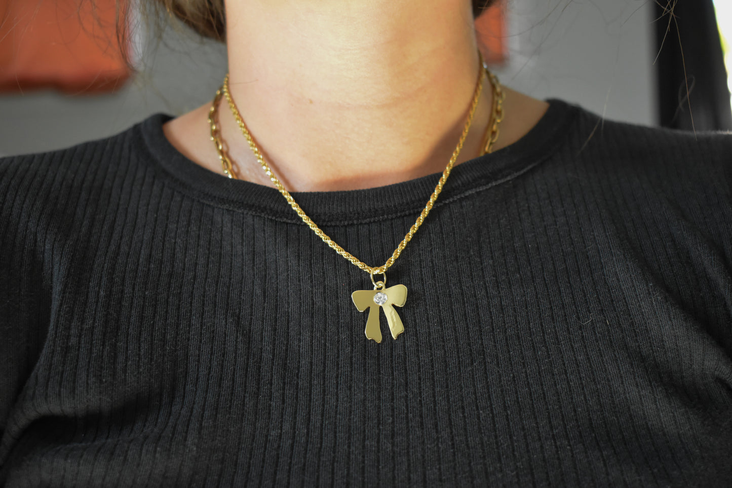 Handmade 14k Yellow Gold Bow Pendant with CZ